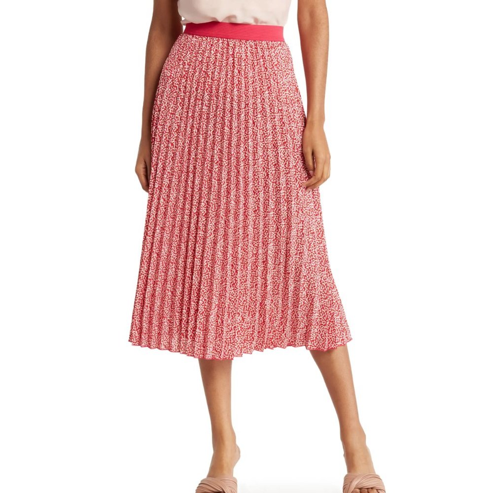 XS + XXL - VINCE CAMUTO - Pleated Midi Skirt Pink Red Ivory NEW - Picture 1 of 4